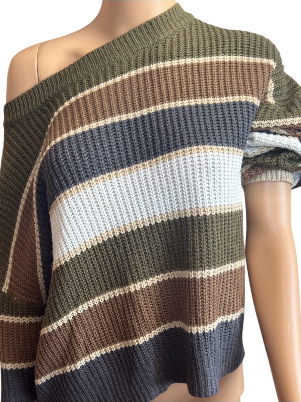 Striped Off-Shoulder Knit Sweater in Olive, Brown & White